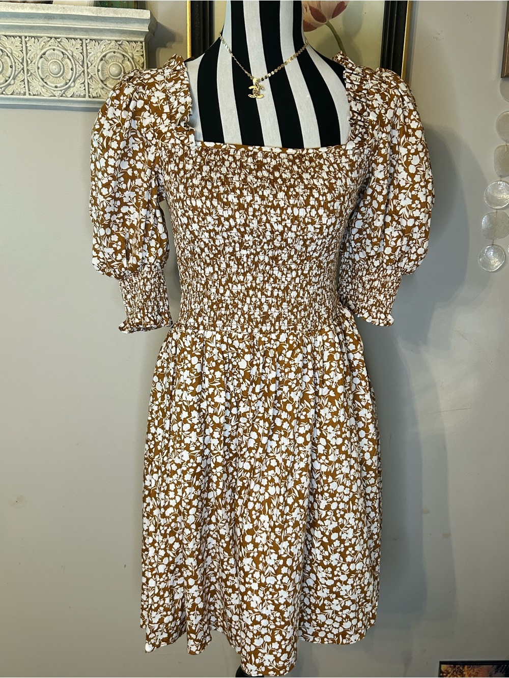 Smocked Square-Neck Floral Dress in Brown and White